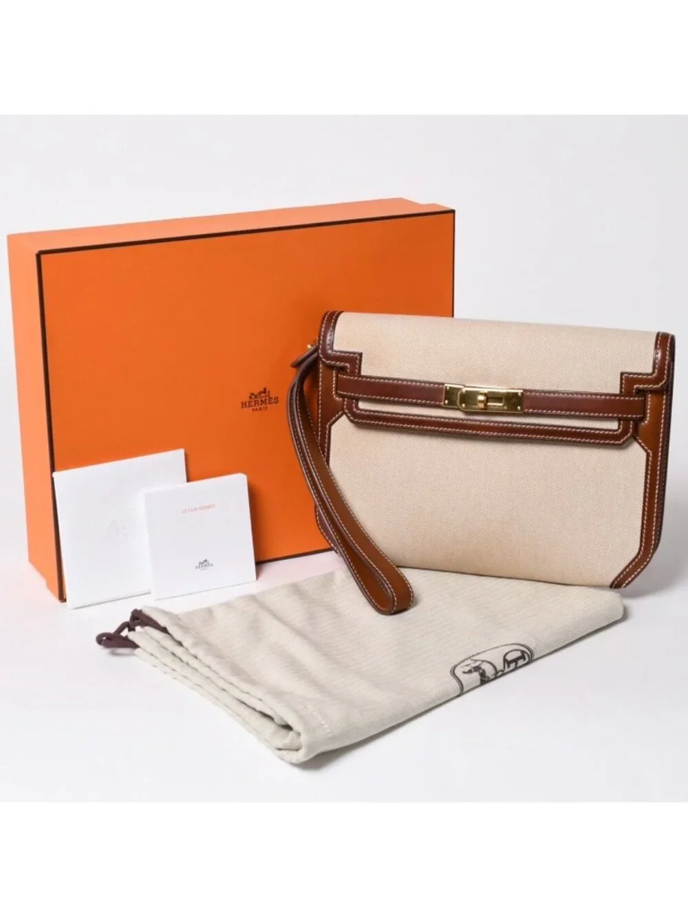 Hermes Kelly Depeches 25 Clutch Beige Brown Toile H Barenia Time